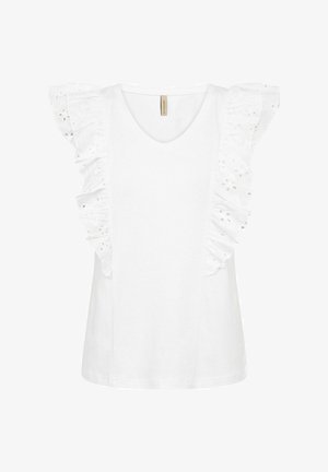Biely bavlnený tričko s výstrihom do V a volánovými rukávmi s vyšívanými detailmi. Jednoduchá, hladká textúra s voľným strihom.
