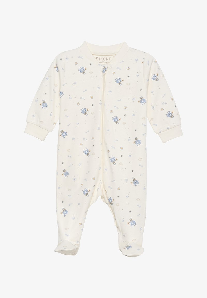 Body en coton pour bébé, couleur crème, avec des motifs spatiaux en bleu et gris. Il a des manches longues, une fermeture éclair à l'avant et des poignets côtelés.