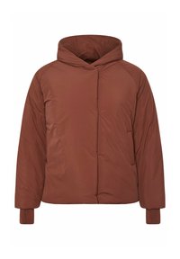 Brązowa ocieplana kurtka puchowa z kapturem, z prążkowanymi mankietami, zamkiem błyskawicznym z przodu i minimalistycznym wzornictwem. Miękka, gładka tekstura.