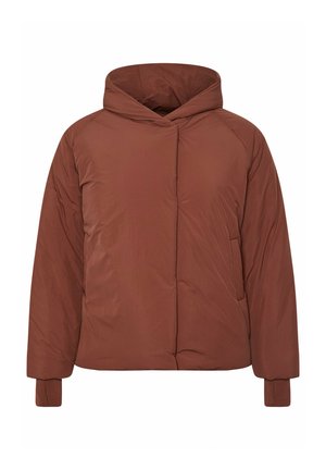 Braune isolierte Steppjacke mit Kapuze, mit gerippten Bündchen, einem Reißverschluss vorne und einem minimalistischen Design. Weicher, glatter Stoff.