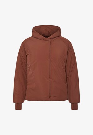 Braune isolierte Steppjacke mit Kapuze, mit gerippten Bündchen, einem Reißverschluss vorne und einem minimalistischen Design. Weicher, glatter Stoff.