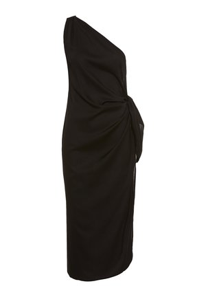 Zwarte één-schouder jurk van zachte stof, met een geknoopte ontwerp aan de zijkant en een aansluitende silhouet. Gladde textuur zonder patronen.