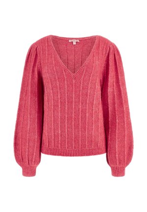 Maglione rosa in maglia con scollo a V, righe verticali e maniche lunghe a palloncino. Presenta polsi e orlo a coste per una maggiore texture.