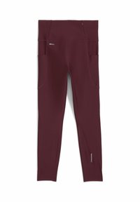 Bordeaux legginsy sportowe z wysokim stanem, dwoma bocznymi kieszeniami i kieszenią na zamek; wykonane z materiału odprowadzającego wilgoć, zapewniającego komfort podczas aktywności.