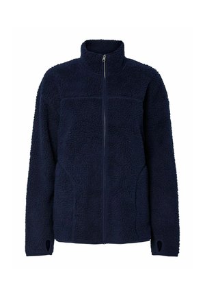 Veste en polaire bleu marine avec un col haut, fermeture éclair à l'avant et poches latérales. Tissu texturé et doux avec des ouvertures pour les pouces dans les manches.