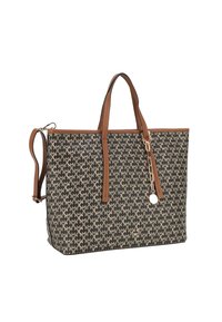 Borsa tote con manici in pelle marrone, caratterizzata da un tessuto decorato in marrone scuro e oro. Include un ciondolo decorativo e una tracolla regolabile.