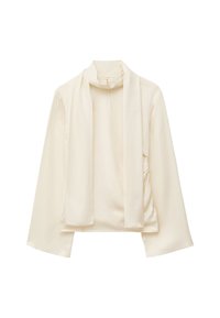 Cremfarbene Bluse mit langen, weiten Ärmeln und hohem Kragen. Sie zeichnet sich durch einen leichten, glatten Stoff und ein passendes Schal-Detail aus.