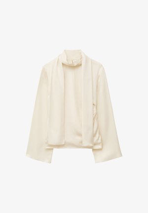 Cremefarvet bluse med lange, brede ærmer og høj hals. Den har et let, glat stof og en matchende tørklæde detalje.
