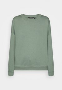Sweat-shirt vert à col rond en tissu doux ; il présente des manches longues, des poignets côtelés et une coupe décontractée. Sans motifs ni accents.