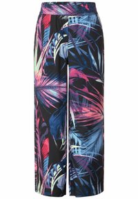 Culottes à imprimé tropical avec un fond noir et des feuilles de palmier vibrantes en rose, bleu et vert, confectionnées en tissu léger.