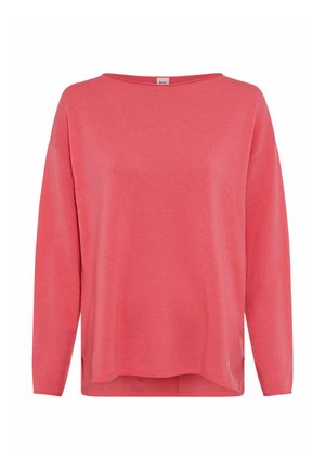 Maglione in misto corallo con maniche lunghe, scollatura ampia e vestibilità comoda. Presenta spacchi laterali e una texture sottile. Materiale morbido e leggero.