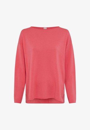 Coral knit sweater with long sleeves, wide neckline, and a relaxed fit. Features side slits and a subtle texture. Soft, lightweight material.