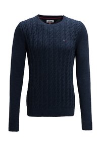 Maglione in maglia cable blu navy con scollo rotondo, polsini e orlo a coste. Presenta un piccolo logo stilizzato sul petto. Realizzato in tessuto testurizzato.