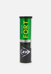 Dunlop Fort teniszlabda tartály; zöld és fekete dizájn sárga szöveggel, henger alakú, logót és termékadatokat tartalmazó címkével.