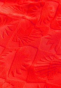 Tessuto rosso strutturato con un motivo rialzato di foglie, che presenta una superficie liscia e tattile con un colore vibrante e uniforme.