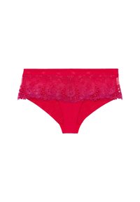 Rode slip met een doorschijnende kanten tailleband met bloemmotieven in verschillende tinten roze. Soepele stof met een ontwerp dat middelmatige bedekking biedt.