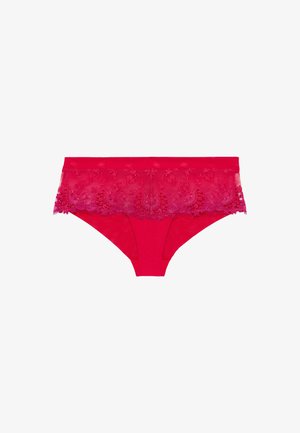 Rode slip met een doorschijnende kanten tailleband met bloemmotieven in verschillende tinten roze. Soepele stof met een ontwerp dat middelmatige bedekking biedt.