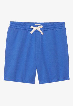 Blauwe casual shorts met een elastische tailleband en een wit aantrekkoord aan de voorkant, getoond op een witte achtergrond.