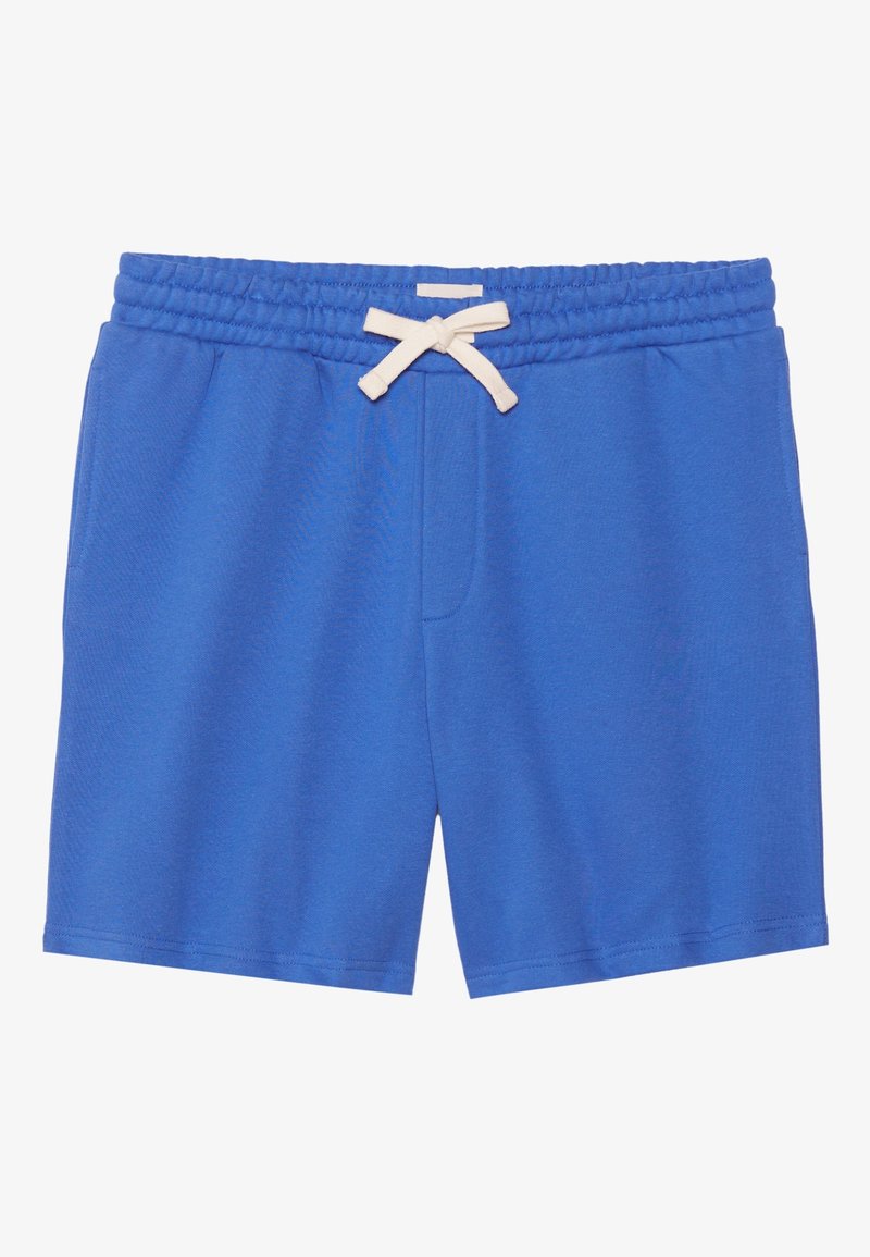 Shorts décontractés bleus avec une taille élastique et un cordon blanc à l'avant, affichés sur fond blanc.
