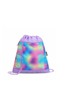 Der Zugbeutel in pastellfarbigen Batikmustern hat oben und unten lila Farbtöne, besteht aus leichtem Material und verfügt über eine Reißverschlusstasche.