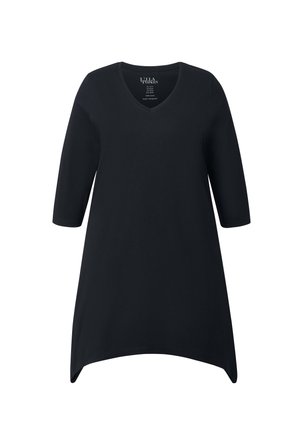 Abito T-shirt nero, lungo fino al ginocchio, con scollo a V e maniche a tre quarti. Realizzato in cotone, presenta una texture morbida e una vestibilità rilassata.