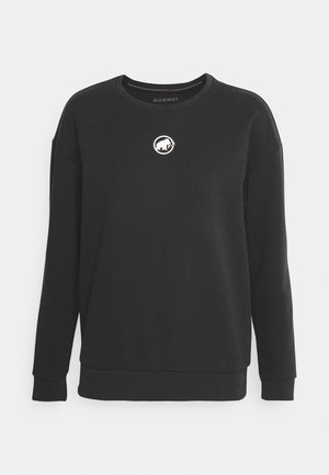 Black sweatshirt made of soft fabric featuring a round logo in white at the center, with a crew neck and slightly dropped shoulders.