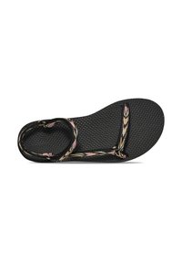 Sandalia negra trenzada con una suela texturizada, que presenta una correa con un patrón en tonos rosas y amarillos. Diseño ligero y de punta abierta.