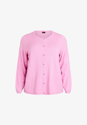 Roze gebreide cardigan met lange mouwen, ronde halslijn en knoopsluiting aan de voorkant met kleine metalen knopen. Glad textuur.