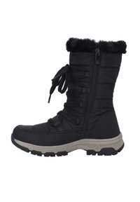 Botte d'hiver noire avec une tige rembourrée, un col en fausse fourrure, des détails en lacets, une fermeture éclair latérale et une semelle en caoutchouc texturée pour l'adhérence.