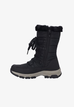 Black winter boot with a padded shaft, faux fur collar, lace detailing, side zipper, and textured rubber sole for grip.