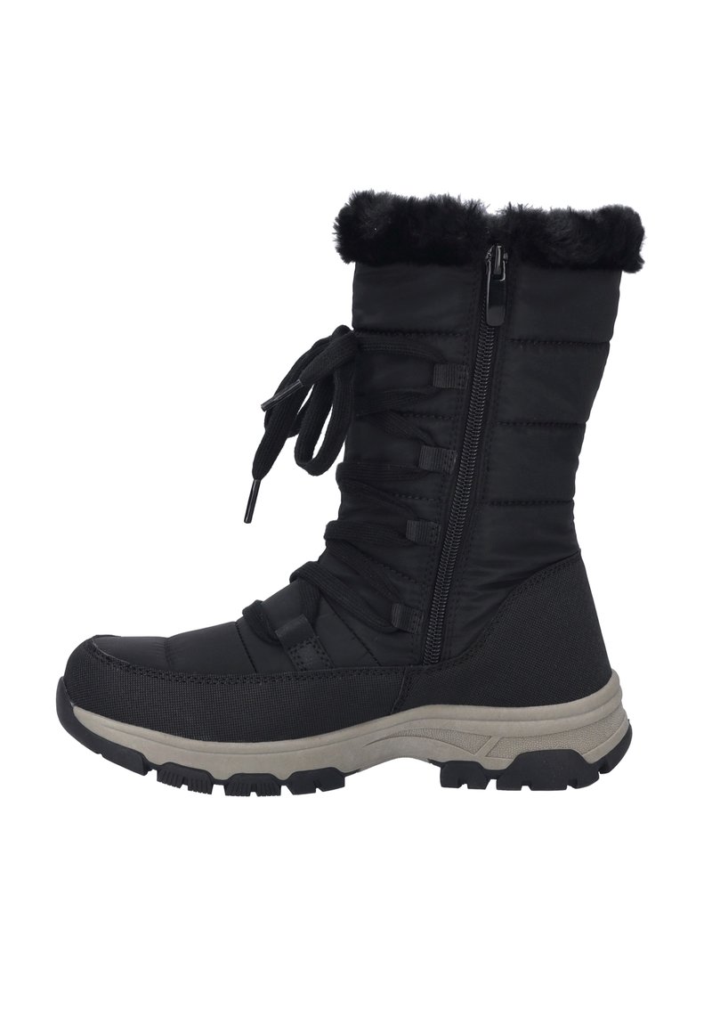 Botte d'hiver noire avec une tige rembourrée, un col en fausse fourrure, des détails en lacets, une fermeture éclair latérale et une semelle en caoutchouc texturée pour l'adhérence.