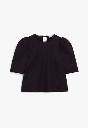 Schwarzes Oberteil mit kurzen Puffärmeln, rundem Halsausschnitt und einer Öffnung mit Schlüsselloch hinten. Hergestellt aus glattem Stoff mit einem strukturierten Design.