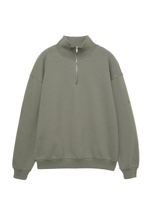 Lichtgroene sweatshirt met een hoge kraag, halve rits aan de voorkant, geribde boorden en een relaxte pasvorm. Zacht, gestructureerd materiaal met minimale details.