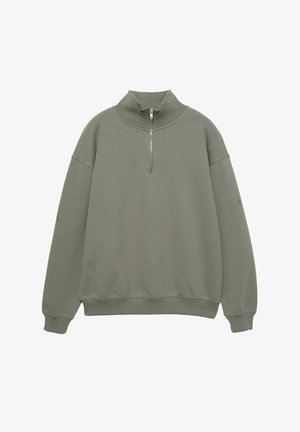 Vaaleanvihreä huppari, jossa on korkea kaulus, puolivetoketju edessä, resorikynsien hihansuut ja rento istuvuus. Pehmeä, teksturoitu kangas, jossa on minimaalista yksityiskohtaisuutta.