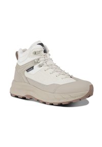 Beige hiking shoe with a smooth synthetic upper, textured accents, padded collar, and rubber outsole for traction. Features laces and metal eyelets.