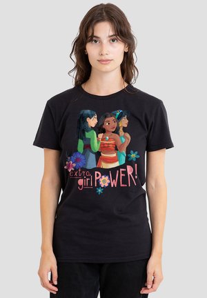 Black cotton t-shirt featuring an illustration of three girls with diverse hairstyles, surrounded by flowers and the text "extra girl POWER!" in pink.