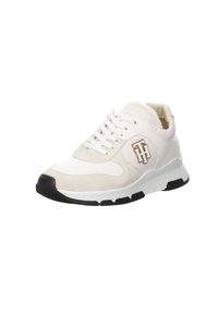 Sneaker atletiche bianche realizzate in camoscio e pelle, con un logo dorato, suola nera e colletto imbottito.