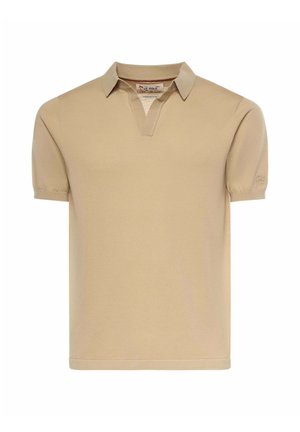 Polo manches courtes beige avec col et ouverture en V, en tissu texturé, présenté sur fond blanc.