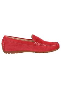 Rote Wildleder-Slipper mit einer gesteppten Oberkante und einer Gummisohle. Das Innere hat ein gestreiftes Muster. Niedriges Profil.
