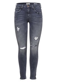 Jeans skinny gris oscuro con agujeros desgastados en los muslos y las rodillas, tobillos con cremallera y diseño clásico de cinco bolsillos.