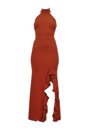 Long, fitted red dress with a halter neck, featuring a ruffled side detail and a high slit. Smooth, stretchy fabric. Elegant design.