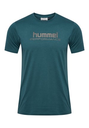 Türkisfarbenes sportliches T-Shirt aus weichem Stoff, mit kurzen Ärmeln und Rundhalsausschnitt. "Hummel PERFORMANCE" in Grau auf der Brust aufgedruckt.