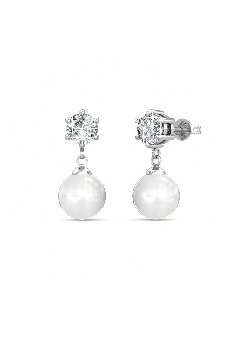 Orecchini a goccia in argento con un brillante pietra di zirconia cubica come perno e una pendente di perla bianca, superficie liscia e forma circolare.