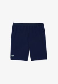 Navy blue shorts with an elastic waistband, two side pockets, and a small green crocodile logo on the left leg. Smooth fabric texture.
