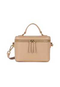 Beige leren handtas met een gestructureerde vorm, bovenhandvat, afneembare schouderband, dubbele ritssluiting en gouddetailaccenten.