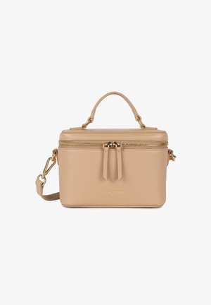 Beige Ledertasche mit strukturierter Form, Oberhandgriff, abnehmbarem Riemen, doppeltem Reißverschluss und Akzenten aus goldenem Metall.