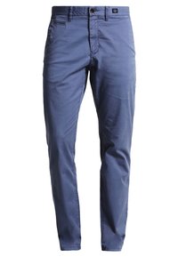 Modré bavlněné chinos kalhoty s úzkým střihem, s zipem, knoflíkovým uzávěrem a klasickým designem pěti kapes. Hladká textura a žádné viditelné vzory.