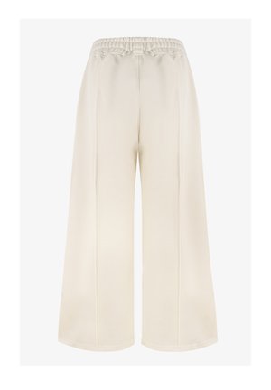 Cremfarbene weit geschnittene Hose mit elastischem Bund, glatter Textur und seitlichen Nähten. Eignet sich für legere Outfits.