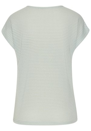 Light gray short-sleeve knit top with waffle texture, loose fit, and a wide round neckline shown from the back.