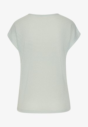 Light gray short-sleeve knit top with waffle texture, loose fit, and a wide round neckline shown from the back.